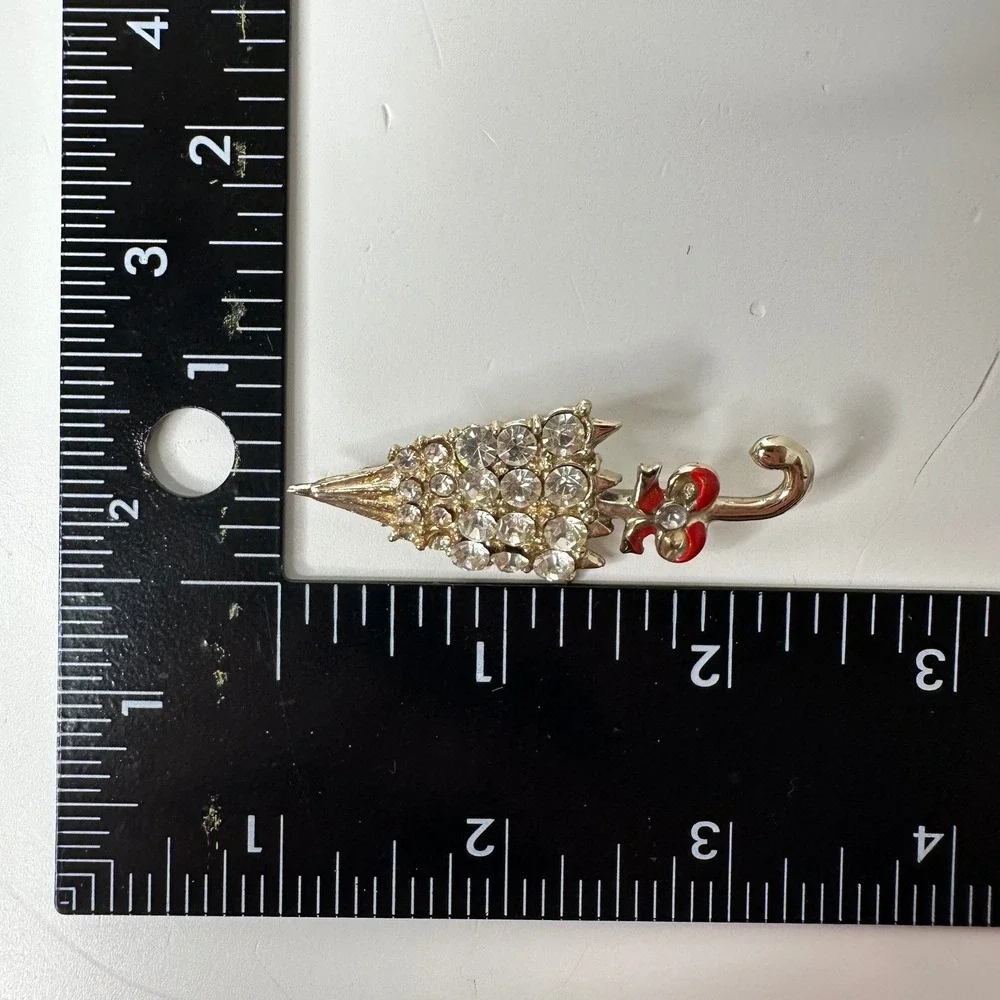 Vintage Umbrella Brooch Gold Tone Rhinestone Red Enamel Bow Parasol Pin Spring‎